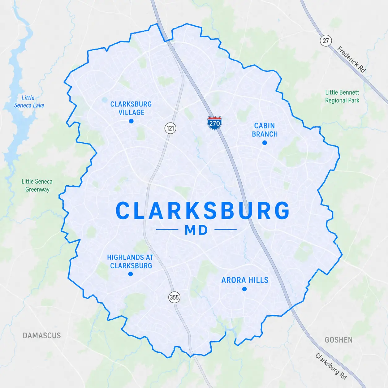 map of Clarksburg and neighborhoods